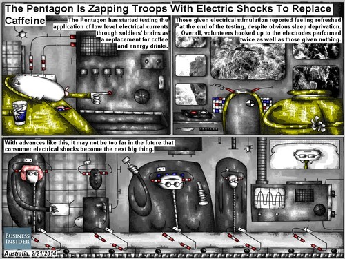 Cartoon: electric caffeine (medium) by bob schroeder tagged pentagon,military,caffeine,coffee,energy,drink,consumer,electric,shock,troops