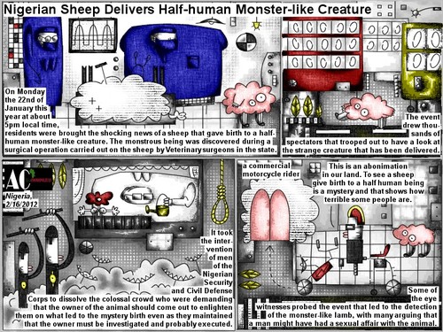 Cartoon: half human monster like creature (medium) by bob schroeder tagged human,monster,creature,sheep,animal,mystery