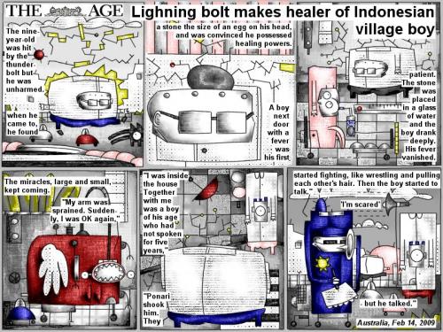 Cartoon: Lighning bolt makes healer (medium) by bob schroeder tagged comic,webcomic,lighning,thunderbolt,healing,powers,fever,patient,miracles