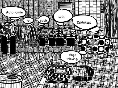 Cartoon: maennchen (medium) by bob schroeder tagged autonomie,schicksal,binge,drinking,community,alkohol,karikatur