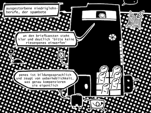 Cartoon: Niedriglohn (medium) by bob schroeder tagged spam,bot,bote,briefträger,job,beruf,niedriglohn,penes,bildung