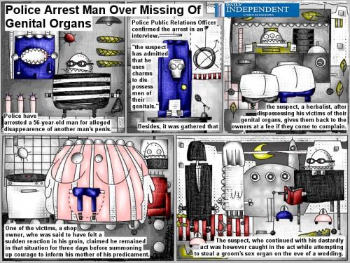Cartoon: Police arrest man (medium) by bob schroeder tagged comic,webcomic,police,arrest,genital,organ,thief,theft,charms,herbalist,predicament,wedding