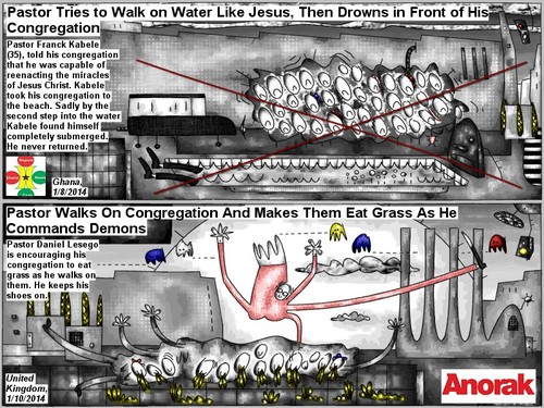 Cartoon: walk on water (medium) by bob schroeder tagged drowning,congregation,pastor,miracle,jesus