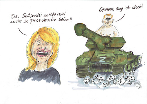 Cartoon: Alice Schwarzer (medium) by Skowronek tagged putin,ukraine,nato,russland,corona,virus,krieg,rüstung,atomrakete,militär,amerika,töten,europa,selinskjy,zar,überfall,grenzen,skowronek,cartoon,alice,schwarzer,selenski,panzer,waffen