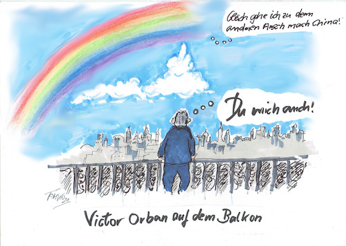 Cartoon: Gott (medium) by Skowronek tagged victor,orban,regenbogen,schwule,lesben,wolken,stinkefinger,gott,china,homosexuelle,skowronek,karikatur,cartoon