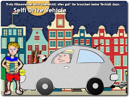 Cartoon: Selfi Drive Vehicle (medium) by Nikklaus tagged auto,autonomes,smartphone,gpu,con,tech,amsterdam,vehicle,selfi,self