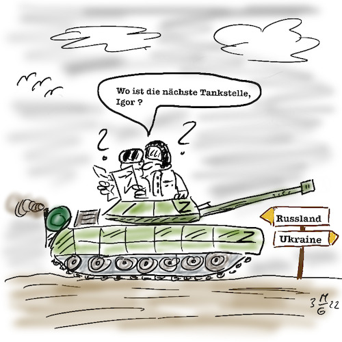 Cartoon: Kein Sprit mehr (medium) by legriffeur tagged ukraine,legriffeur61,ukrainekonflikt,ukrainekrise,ukrainekrieg,nato,deutschland,nachschub,cartoon,cartoons,logiistikprobleme,derrussischevormarschstockt