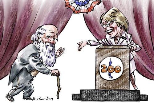 Cartoon: Darwin_Bachelet (medium) by Bob Row tagged darwin,chile,bachelet,science,evolution,anniversary