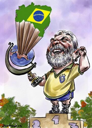Cartoon: Lula and Brazil on the hype (medium) by Bob Row tagged brazil,lula,football,cup,olympics,sport,politics,caricature