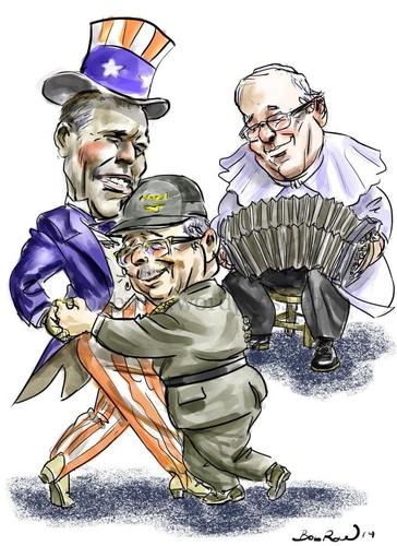 Cartoon: Obama_Castro_Francis (medium) by Bob Row tagged obama,castro,francis,cuba,usa,vatican,cold,war