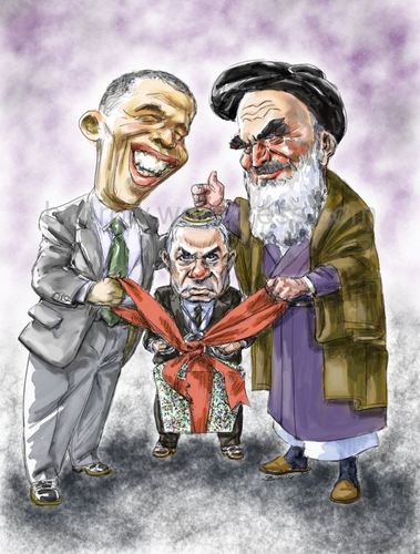 Cartoon: Obama_Khomeini_Netanyahu (medium) by Bob Row tagged obama,khomeini,netanyahu,usa,iran,israel,nuclear,treaty