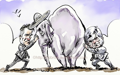 Cartoon: Romney and Gingrich pushing (medium) by Bob Row tagged romney,gingrich,usa,politics,elections,immigration,republicans