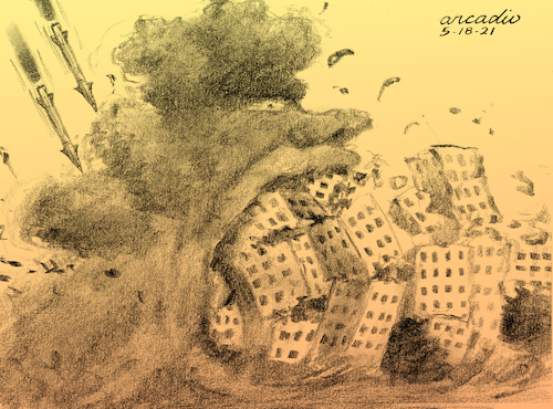 Cartoon: Apocalyptic monster of cities. (medium) by Cartoonarcadio tagged gaza,israel,palestine,war,missiles,people