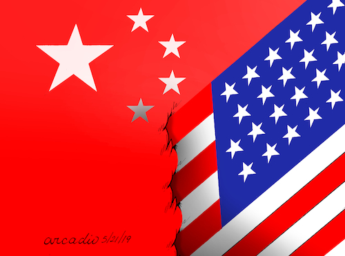 Cartoon: China and USA crash. (medium) by Cartoonarcadio tagged china,usa,trade,war,economy,finances