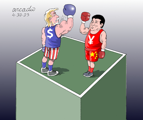 Cartoon: Dollar vs. Yuan (medium) by Cartoonarcadio tagged currency,money,usa,dollar,china,yuan