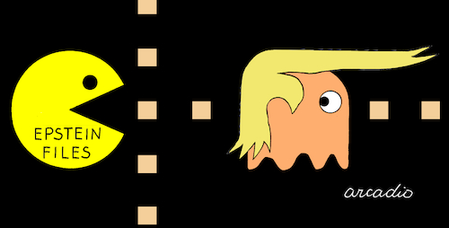 Cartoon: Epstein files chase Trump. (medium) by Cartoonarcadio tagged epstein,trump,justice,us,courts