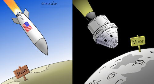 Cartoon: FROM THE MOON TO WAR (medium) by Cartoonarcadio tagged iran,warmiddle,east,trump,usa,moon,nasa