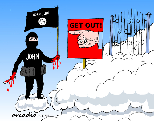 Cartoon: John straight to the hell. (medium) by Cartoonarcadio tagged john,terror,paris,odio,guerra
