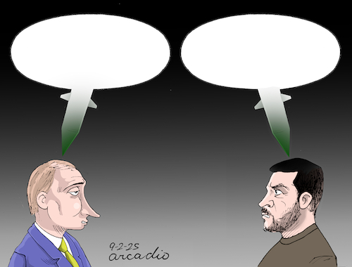 Cartoon: MILITARIZED DIALOGUES. (medium) by Cartoonarcadio tagged missiles,dialogue,putin,zelensky