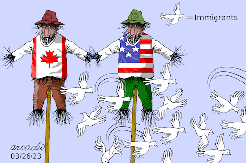 Cartoon: New immigration policies. (medium) by Cartoonarcadio tagged immigrants,canada,usa,latin,america