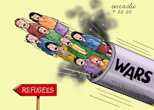 Cartoon: Refugees bomb. (medium) by Cartoonarcadio tagged refugees,wars,conflicts
