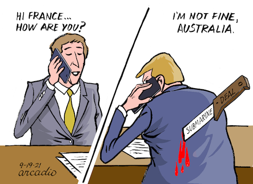 Cartoon: Submarines deal. (medium) by Cartoonarcadio tagged australia,france,submarines,us,europe