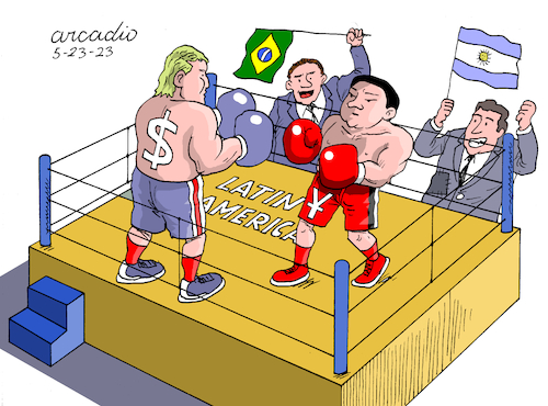 Cartoon: The fight for Latin America. (medium) by Cartoonarcadio tagged latin,america,yuan,dollar,china,usa,currency,economy
