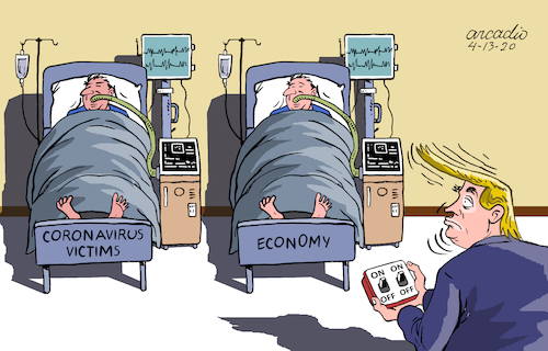 Cartoon: The people or the economy. (medium) by Cartoonarcadio tagged trump,pandemic,covid,19,health,usa,the