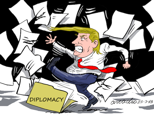 Cartoon: Trump against diplomacy. (medium) by Cartoonarcadio tagged trump,diplomacy,relationships
