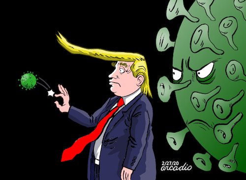 Cartoon: Trump minimizes coronavirus. (medium) by Cartoonarcadio tagged coronavirus,china,brazil,health,latin,america