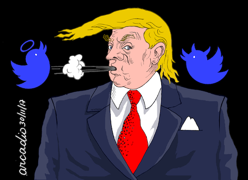 Cartoon: Trump tweets. (medium) by Cartoonarcadio tagged trump,twitter,us,government,president,america