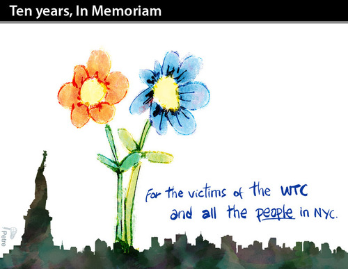 Cartoon: Ten Years In Memoriam (medium) by PETRE tagged towers,twin,center,trade,world,911,11september,obama