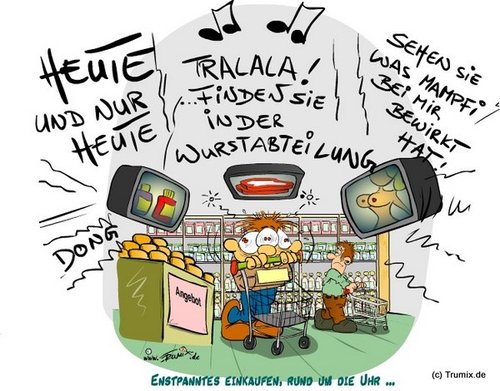Cartoon: Entspanntes Einkaufen ... (medium) by Trumix tagged aldi,discounter,trummix,schnaeppchen,sonderangebot,berieselung,musik,angebot,shoppen,shoping,einkaufem,kodi,supermarkt,wühltisch,schnäppchen,ware