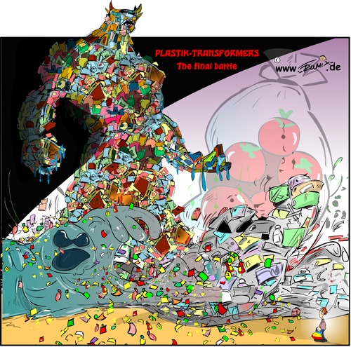 Cartoon: Plastik-Transformers (medium) by Trumix tagged müül,platik,vermüllung,mülltüte,verpackung,trummix,müll,plastik,vermüllung,mülltüte,verpackung,trummix,erde,battle,figur,planet