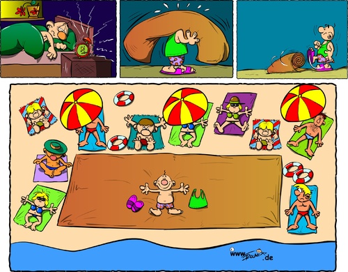 Cartoon: Urlaubs-Ergüsse II (medium) by Trumix tagged urlaub,mallorca,hitze,schatten,strand,meer,ufer,tummix,badeplatz,reservieren,handtuch