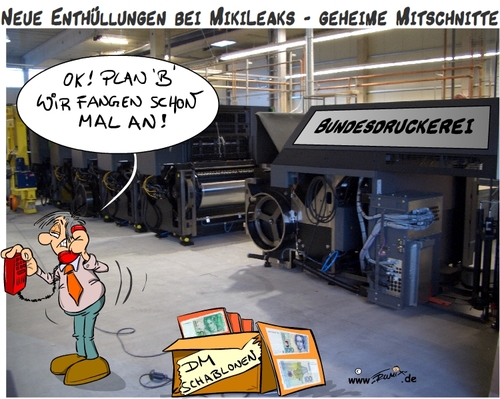 Cartoon: MikiLeak -  Plan B (medium) by Trumix tagged wikileak,trummix,schwäche,notfallplan,euro,dm,bundesdruckerrei