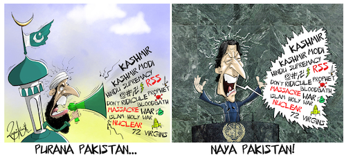 Cartoon: Imran khan UNGA (medium) by crowpoint tagged kashmir,unga,pakistan,nayapakistan,india,modi,imran,khan,nuclear,war,editorial,cartoon