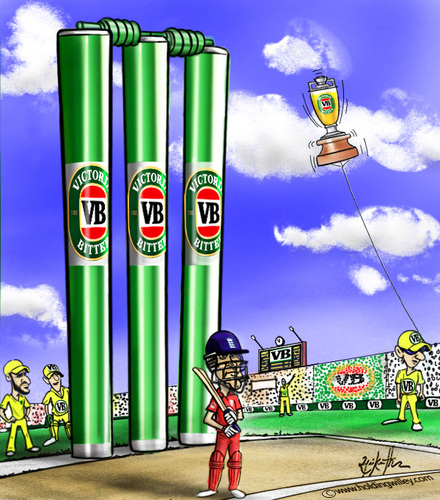 Cartoon: VB Victoria Bitter (medium) by crowpoint tagged vb,beer,series,cricket,ashes,aussie,australia,england,clarke,urn,oval