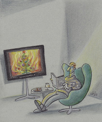 Cartoon: burning christmas (medium) by Petra Kaster tagged weihnachten,christmas,dvd,television,technik,weihnachtsbäume,weihnachten,christmas,dvd,television,technik,weihnachtsbäume
