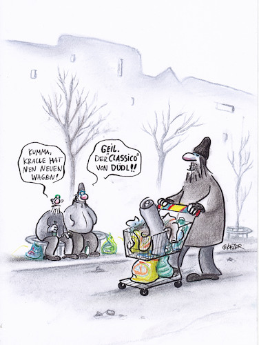 Cartoon: classico (medium) by Petra Kaster tagged armut,sozialeschere,obdachlos,autos,bettler,notlage,einkommen,gehalt,sozialhilfe,arbeitslosigkeit,statussymbole,lidl,discounter,armut,sozialeschere,obdachlos,autos,bettler,notlage,einkommen,gehalt,sozialhilfe,arbeitslosigkeit,statussymbole,lidl,discounter