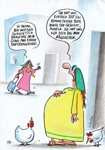 Cartoon: fatmas empfängnis (medium) by Petra Kaster tagged weihnachten,jesus,maria,gottesmutter,post,dhl,paketzustellung,briefzustllung,verkündigung,nachbarschaft,unbefleckteempfängnis,jungfraumaria,jesugeburt,jesuempfängnis,religion,christentum,weihnachten,jesus,maria,gottesmutter,post,dhl,paketzustellung,briefzustllung,verkündigung,nachbarschaft,unbefleckteempfängnis,jungfraumaria,jesugeburt,jesuempfängnis,religion,christentum