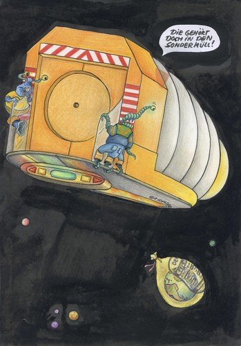Cartoon: sondermüll (medium) by Petra Kaster tagged raumfahrt,ökologie,greenpeace,abfallentsorgung,mülltrennung,erderwärmung,klimakatastrophe,fiktion,science