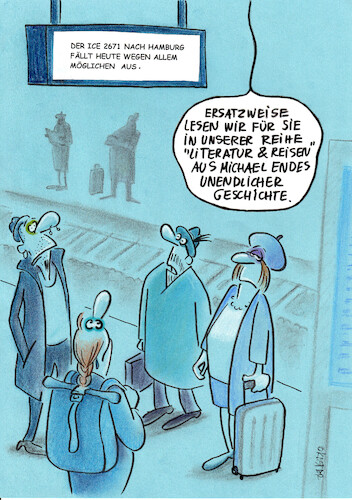 Cartoon: unenendliche geschichte (medium) by Petra Kaster tagged db,deutsche,bahn,infrastruktur,schienennahverkehr,bahnmanagemet,fernverkehr,ökologie,transport,reisen,literatur,reisendent,db,deutsche,bahn,infrastruktur,schienennahverkehr,bahnmanagemet,fernverkehr,ökologie,transport,reisen,literatur,reisendent