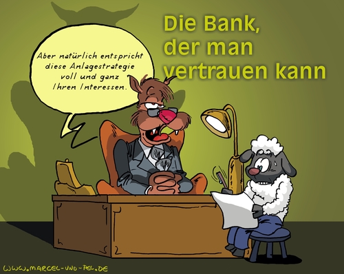 Cartoon: Die Bank der man vertrauen kann (medium) by Marcel und Pel tagged bank,schaf,wolf,anleger,kapitalismus,kapitalismus,wolf,schaf,bank,banken,geld,finanzen