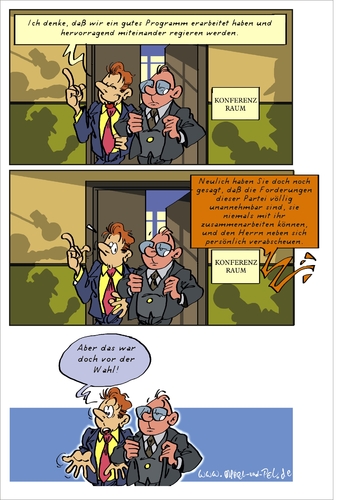 Cartoon: Koalitionsverhandlungen (medium) by Marcel und Pel tagged koalitionsverhandlungen,pressekonferenz,politiker,prinzipienlosigkeit,opportunismus,geschwätzvongestern,wahlversprechen,wahlbetrug