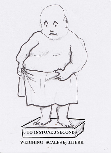 Cartoon: 0 to 16 stone in 3 seconds (medium) by jjjerk tagged fat,man,shiny,weighing,scales,cartoon,caricature,birthday