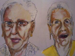 Cartoon: Barbara and Agnes (medium) by jjjerk tagged barbara,agnes,yellow,art,coolock,library,group,cartoon,caricature,artists,painters
