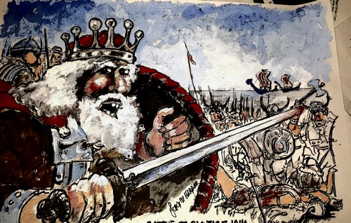 Cartoon: Battle of Clontarf 1014 (medium) by jjjerk tagged fighting,beard,old,shield,caricature,cartoon,daned,vikings,boru,brian