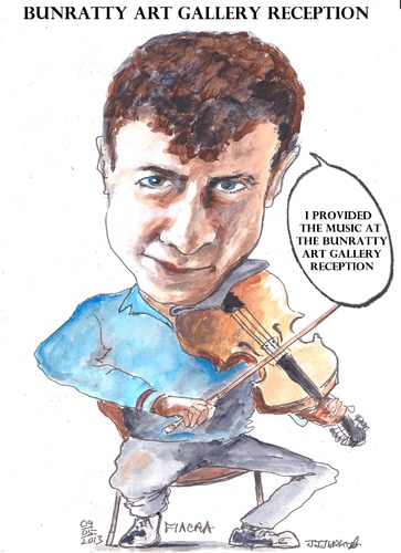 Cartoon: Bunratty  reception fiddler (medium) by jjjerk tagged fiacra,bunratty,art,group,bealtaine,cartoon,fiddler,caricature,blue,bridge,bow,fiddle,violin,famous,irish,ireland,dublin