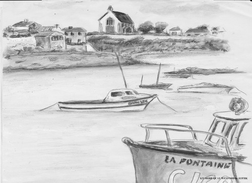 Cartoon: Kilmore Quay Wexford Ireland (medium) by jjjerk tagged wexford,fishing,port,kilmore,quay,cartoon,boat,church,ireland